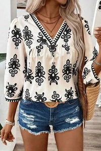 Women's Blouse - Printed V-Neck Three-Quarter Sleeve Blouse - Picture 1 of 5