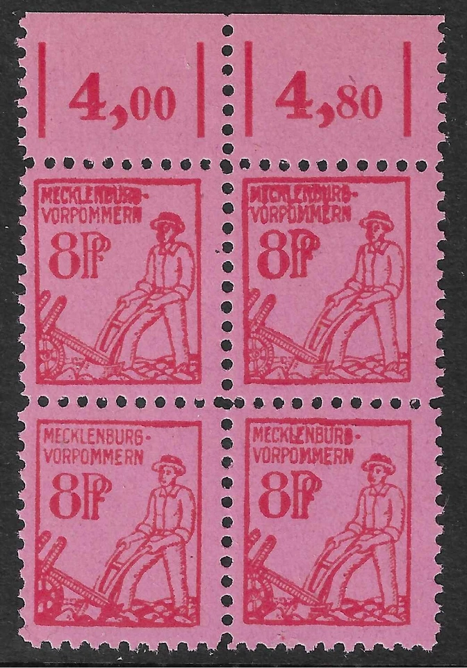 OCCUPATION / MECKLENBURG - 1945 - FARMER PLOWING 8PF - NUM / BLOCK 4V - MNH ** - Image 1 of 1
