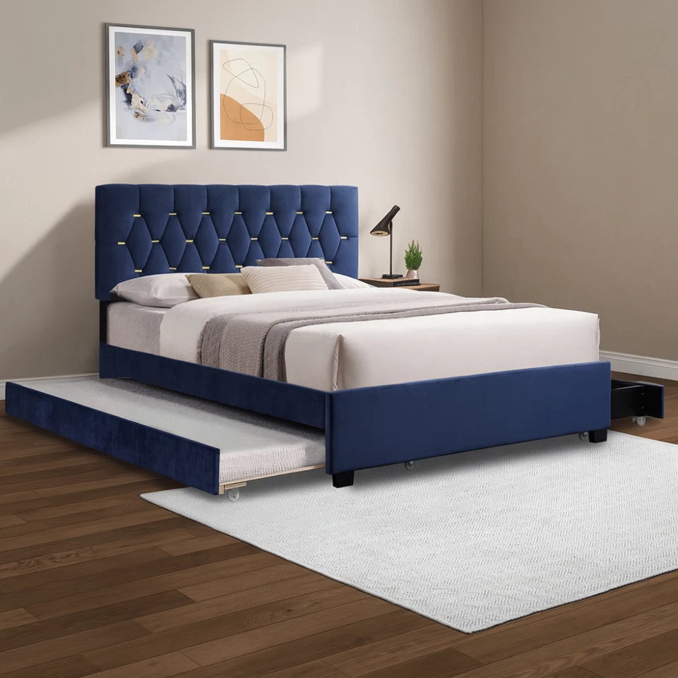 Modern Velvet Queen Bed with Twin Trundle and 2 Storage Drawers-Blue - Image 1 of 1