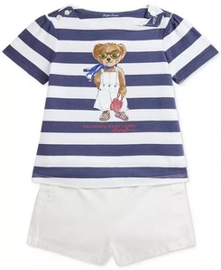 Polo Ralph Lauren BLUE Baby Girls Striped Polo Bear Tee & Short Set, US 9 months - Picture 1 of 3