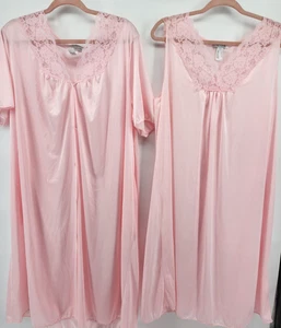 Camicia da notte vintage set due pezzi taglia grande rosa rosa pizzo bottoni - Foto 1 di 8