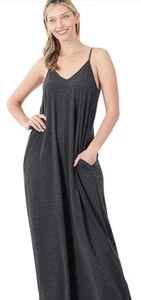 zenana maxi dress Sleeveless Pockets Charcoal Size Small - Picture 1 of 2