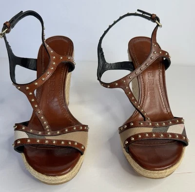 Burberry Women's Leather T-Strap Wedge Sandals Size 37 US 7 Made In Italy Brown - Image 1 of 4