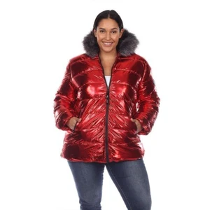 White Mark Plus Size Metallic Puffer Coat with Hoodie Women's 2XL Red Full Zip~ - Picture 1 of 14