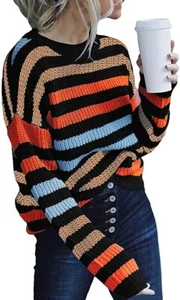 Women's Loose Fit Long Sleeve Striped Color Block Knit Jumper Sweater Top Bk S - Picture 1 of 5