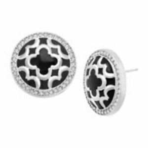 Marie Claire Black Enamel Clover Button Stud Earrings Swarovski Crystals
