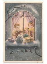 1956 Natale cartolina vintage bambini alla finestra pacchi regalo uccelli neve