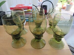 6 x Edwardian Olive Green Roemer Style Wine Glasses