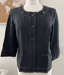 Dressbarn Women's Black White Linen Rayon Jacket Beaded Trim Lined Blazer - Picture 1 of 9