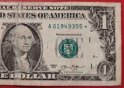 $1 One Dollar Star Note Serial Number A01949355* Series 2013  - Image 1 of 4