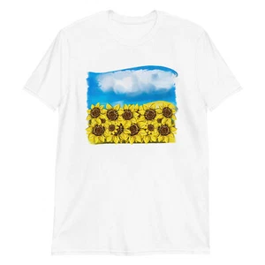 Ukrainian Flag Sunflowers and Sky Unisex Art T-Shirt Support Ukraine Tee - Picture 1 of 10