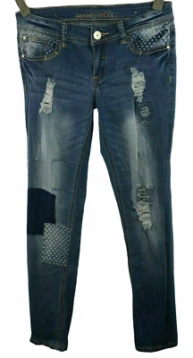 Pantalones de mezclilla Almost Famous para mujer talla 7 retazos a lunares desgastados ajustados Foto 1 de 4