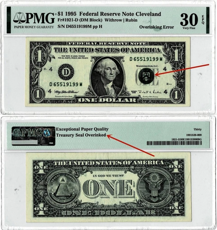 OVERINKING ERROR 1995 $1 FRN , CLECELAND FR#1921-D ~ PMG VF30 EPQ - Image 1 of 1