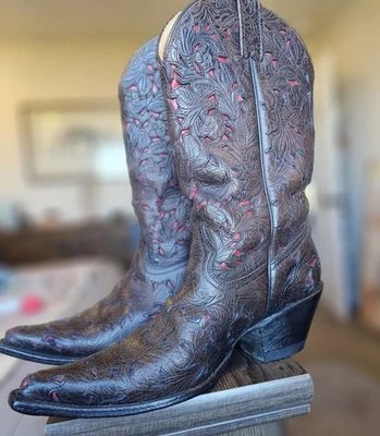 Botas de caubói femininas STETSON couro tooled biqueira média panturrilha 6.5 marrom escuro/vermelho - Imagem 1 de 4