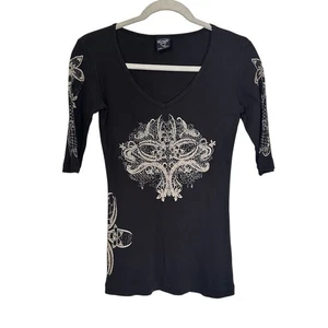 Sledge USA Women’s Sz S Black Ribbed Shirt Short Sleeve Rhinestones Y2K Grunge - Picture 1 of 7