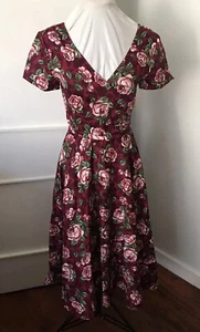 COLLECTIF Vintage Maroon Rose Print Cotton Rich Fit & Flare Dress Size XS (UK 8) - Picture 1 of 8
