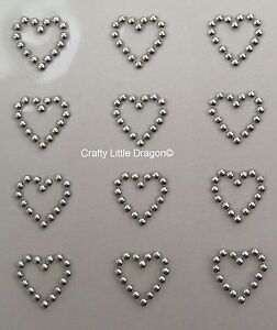 24 x 13mm Open Outline Hearts METALLIC SILVER Stick on Self Adhesive GEMS Bling