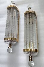 Pair Vintage Art Deco Brass Ribbed Glass Ship Light Fixture Wall Sconces Lamp