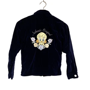 Looney Tunes Girls Velvet Jacket VTG 1997 Size 10 Navy Blue 100% cotton Tweety - Picture 1 of 12
