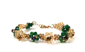 Sparkling Crystal Glass Bead Bracelet Dainty Daisy Flower -Handmade-Green Yellow - Picture 1 of 7