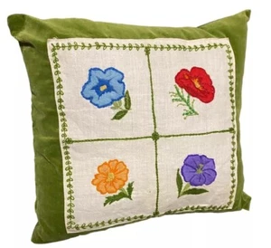 Vtg Green Velvet Pillow Hand Stitched Floral Wildflower Embroidered Botanical - Picture 1 of 10