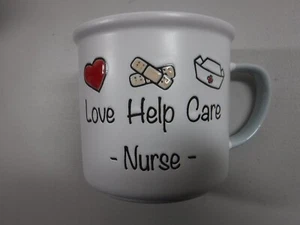 Large 16 oz Cup / Mug With "Love - Help - Care" Nurse Theme White With Blue - Picture 1 of 4