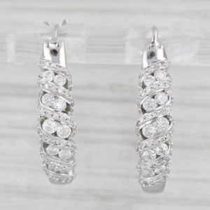 1ctw Scalloped Diamond Hoop Earrings 14k White Gold Snap Top Round Hoops - Picture 1 of 6