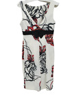 KAREN MILLEN Ladies UK 12 White Summer Style Dress Preloved Black Bow Floral Zip