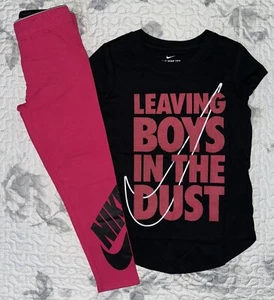 Girls Nike Black “Leaving Boys In The Dust” T-Shirt & Pink Leggings Set - Sz/ 5 - Picture 1 of 6