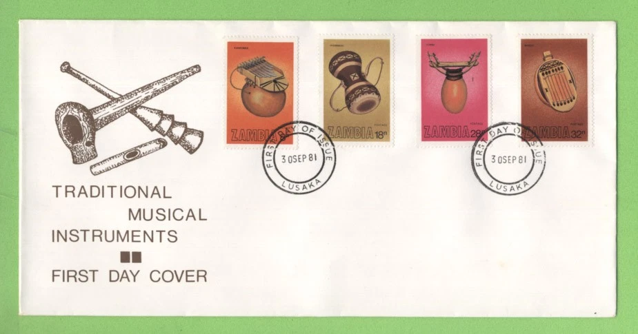 Zambia 1981 Traditional Musical Instruments set on First Day Cover - Image 1 of 1