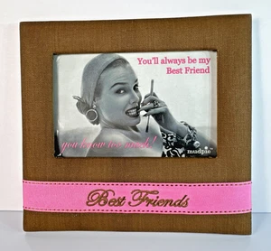 Mud Pie Best Friends Photo Frame Brown Fabric Pink Ribbon Retro Gift Decor - Picture 1 of 10