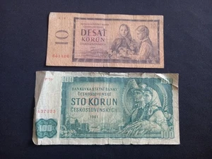 CZECHOSLOVAKIA 10 (1960) + 100 (1961) KORUN Banknotes - Circulated / Damaged - Picture 1 of 2