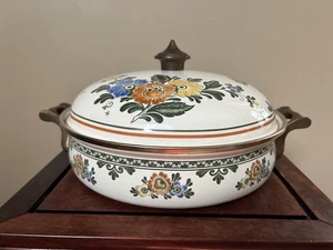 Vintage ASTA Floral Enamelware Cookware 10” Flat Bottom Casserole Germany - Picture 1 of 17