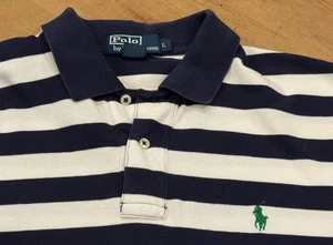 90s Vintage Ralph Lauren Polo Shirt Large L Blue White Stripe Short Sleeve Rugby - Picture 1 of 9