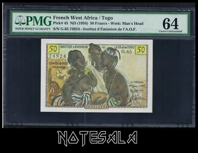 FRENCH WEST AFRICA AFRIQUE TOGO 50 FRANCS 1956 Pick-45 PMG 64 S/N G.65 74924 - Image 1 of 2