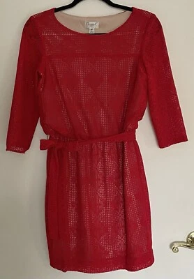 Maggie L Petite Red Crochet Dress With Nude Lining 3/4 Sleeve Size 6P - Image 1 of 4