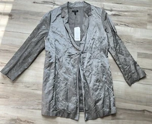 Eileen Fisher Steel Satin Stone Crinkle Midi Metallic Chic Blazer Jacket New - Picture 1 of 15
