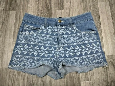 Forever 21 Womens Size 28 Fringe Hem Tribal Print Short Denim Jean Shorts - Image 1 of 4