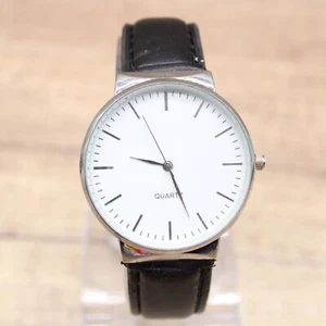 Classic Watch Mens Silver Tone Stainless Steel White Dial Quartz Leather Band - Picture 1 of 8