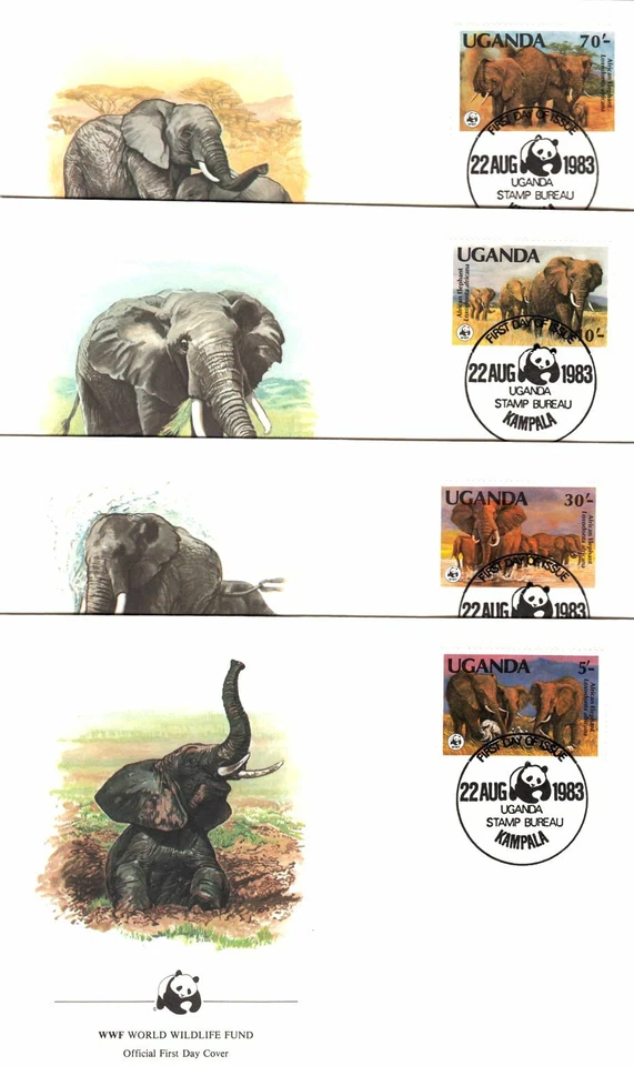 Endangered Elephants Uganda Complete Mint Set (4) FDC 1983 WWF - Image 1 of 1