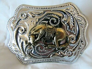 Vintage Silver Tone Western Embossed Brass Horse Belt Buckle NWOT 4" - Picture 1 of 3