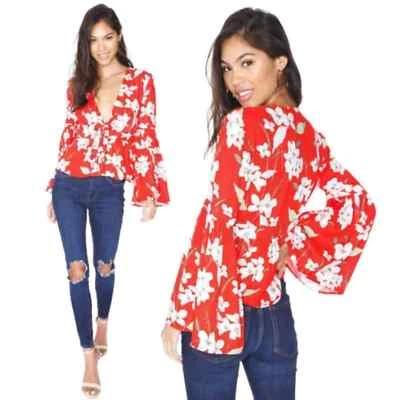 Jack by BB Dakota Tiger Lily Floral Poppy Red Bell Sleeve Blouse Size Small - Image 1 of 4