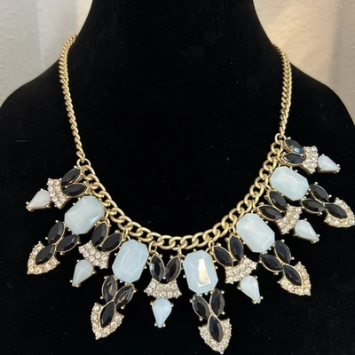 TALBOTS NECKLACE, Matt Satin Gold, Light Blue Gem Stone, Black Glass, Rhinestone - Image 1 of 3