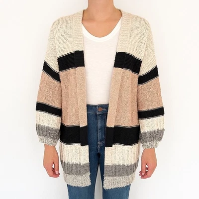 Umgee Cardigan Sweater Women Striped Knit Open Front Cream Gray Neutral Medium - Image 1 of 4