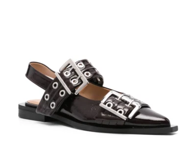 Nuevo 39 9 Ganni Borgoña Patente Hebilla Eslinga Bailarinas Punta Zapato Plano Foto 1 de 4