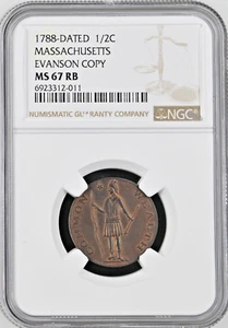 1788 Massachusetts Colonial Half 1/2 Cent Evanson Restrike (C. 1945) NGC MS67 RB - Picture 1 of 5