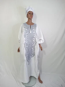 Abito HD ricamo bianco/argento audace boubou africano vestito caftano abito da festa. - Foto 1 di 9