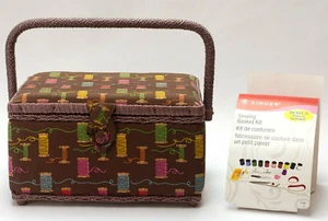 Singer Brown Fabric Notions 07298 Sewing Basket W/Handle Tray Sealed Sewing Kit - Picture 1 of 12