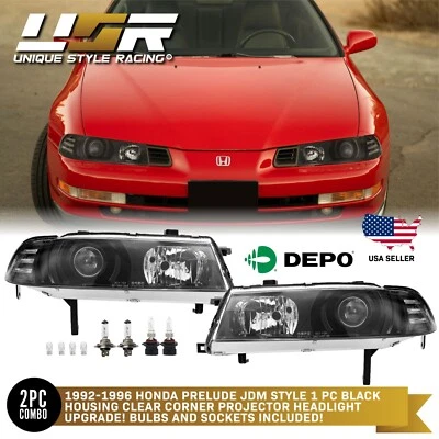DEPO JDM Black Projector Headlight w/Corner Light Pair For 92-96 Honda Prelude - Image 1 of 4