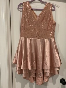 Rosegold Sequin Formal Prom Dress Womens Size XL Satin Layer Skirt Hi Lo Hem - Picture 1 of 18